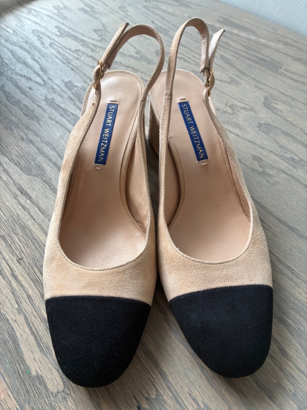 Stuart Weitzman Two-Tone Beige and Black Slingback Clogs